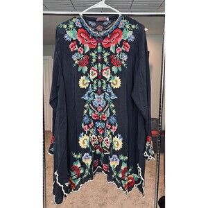 JOHNNY WAS Size L Tunic Black Floral Embroidered Sheer Oversized Boho Free Ship